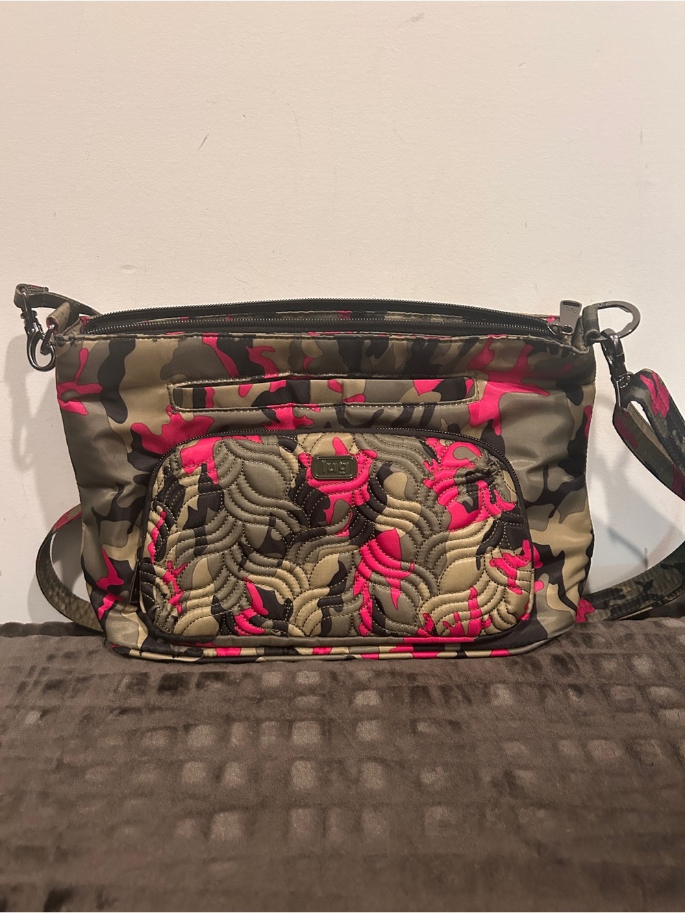 LUG Samba XL Quilted Camouflage Crossbody Bag in Olive and Hot Pink
